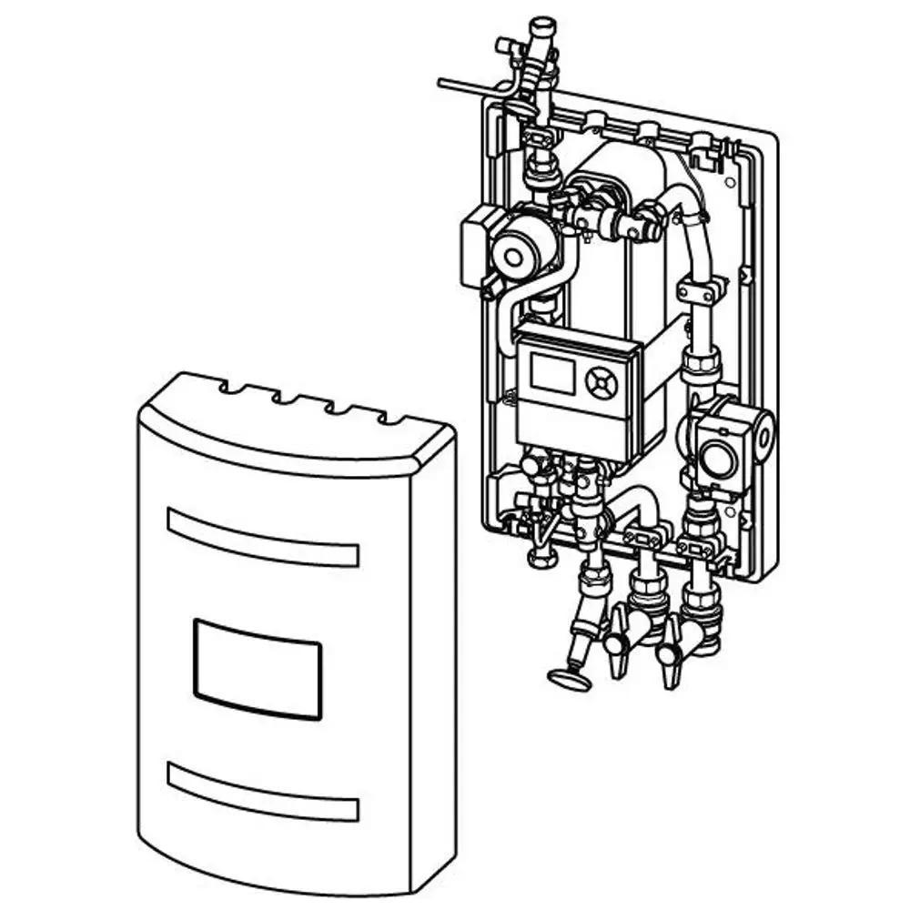 Frischwasserstation von Uponor mit zentraler Anschlusskonfiguration, bestehend aus verschiedenen Rohrleitungen und Ventilen zur Steuerung der Wasserzufuhr.
